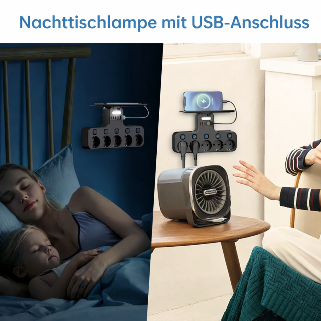Wandsteckdosenleiste – 5 Steckdosen, USB & Nachtlicht