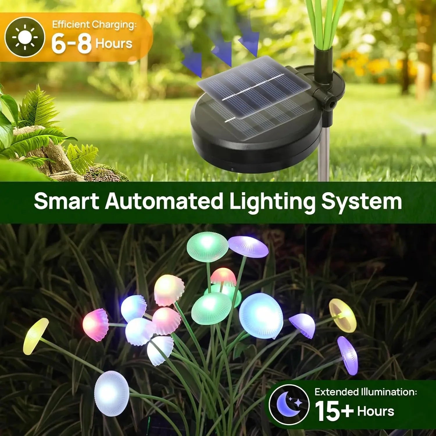 Solar-Pilzleuchten 2er-Set – 6 schwingende Köpfe, RGB oder Warmweiß