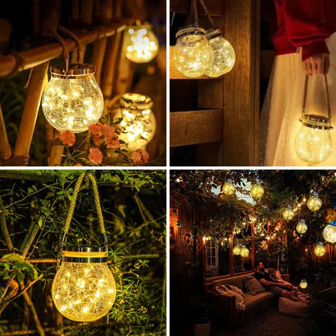 Solar-Gartenlaterne aus Glas mit LED-Lichterkette