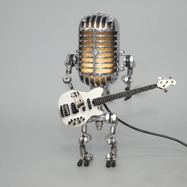 Vintage Mikrofon-Tischlampe mit Gitarre – Retro Musikerlampe