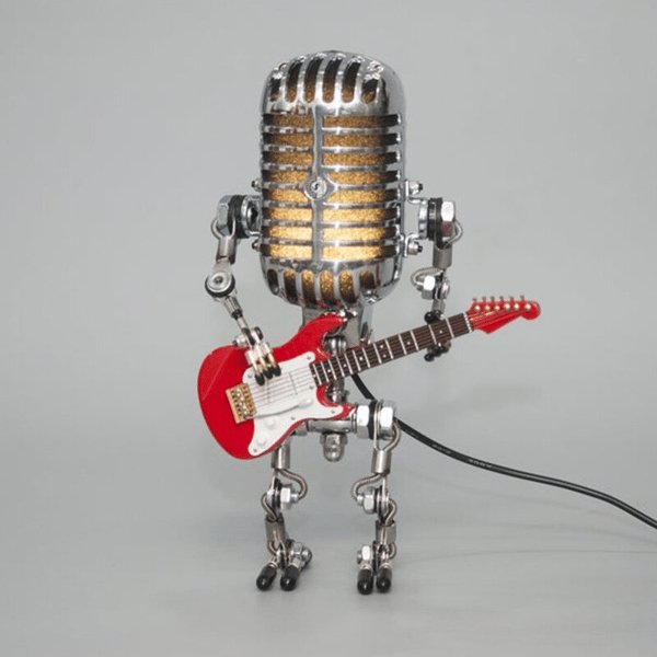 Vintage Mikrofon-Tischlampe mit Gitarre – Retro Musikerlampe